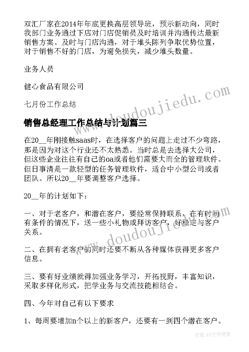 2023年销售总经理工作总结与计划(汇总7篇)