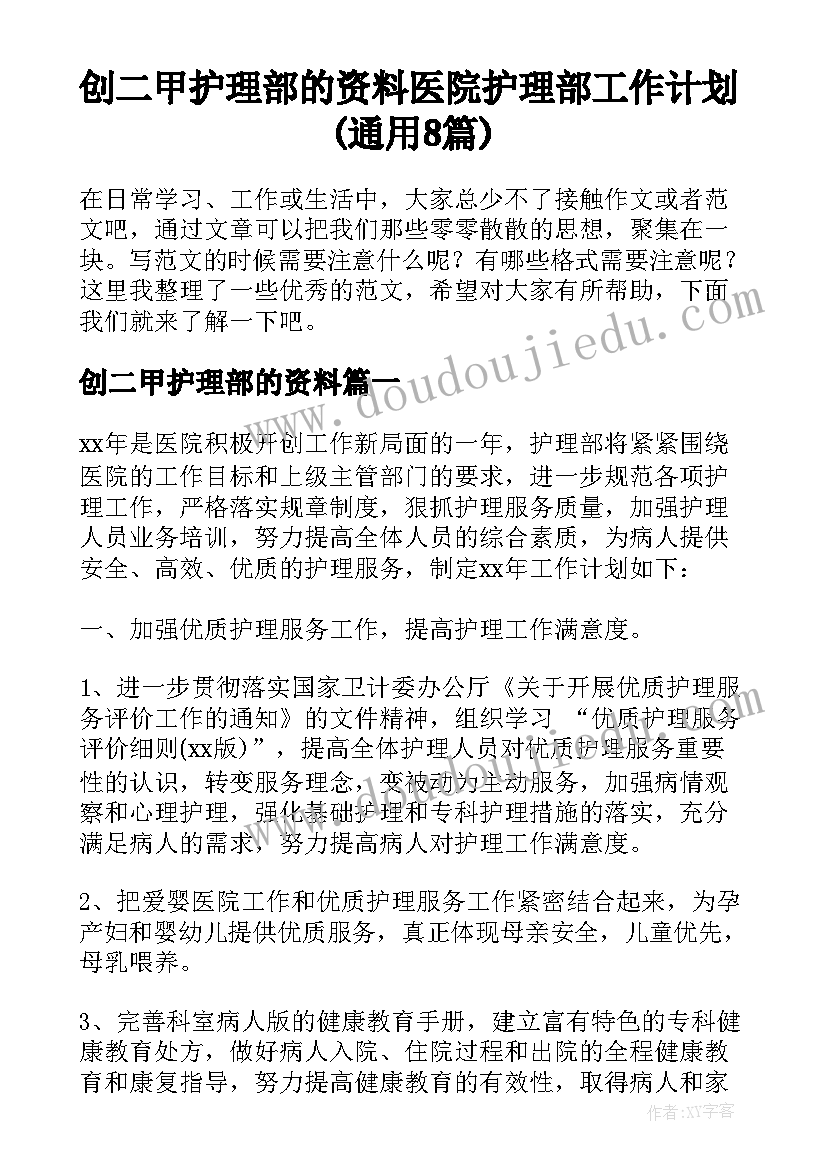 创二甲护理部的资料 医院护理部工作计划(通用8篇)