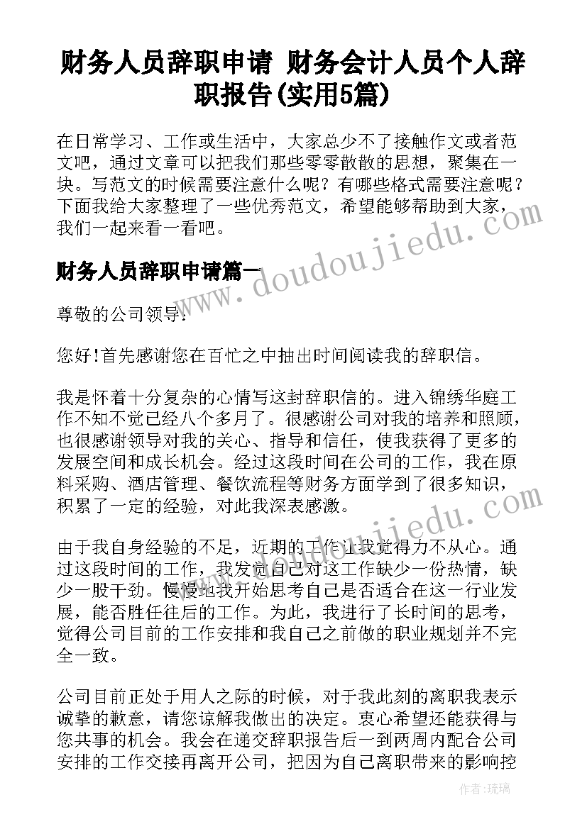 财务人员辞职申请 财务会计人员个人辞职报告(实用5篇)