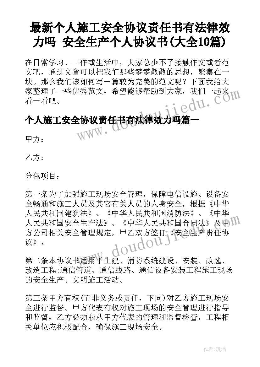 最新个人施工安全协议责任书有法律效力吗 安全生产个人协议书(大全10篇)