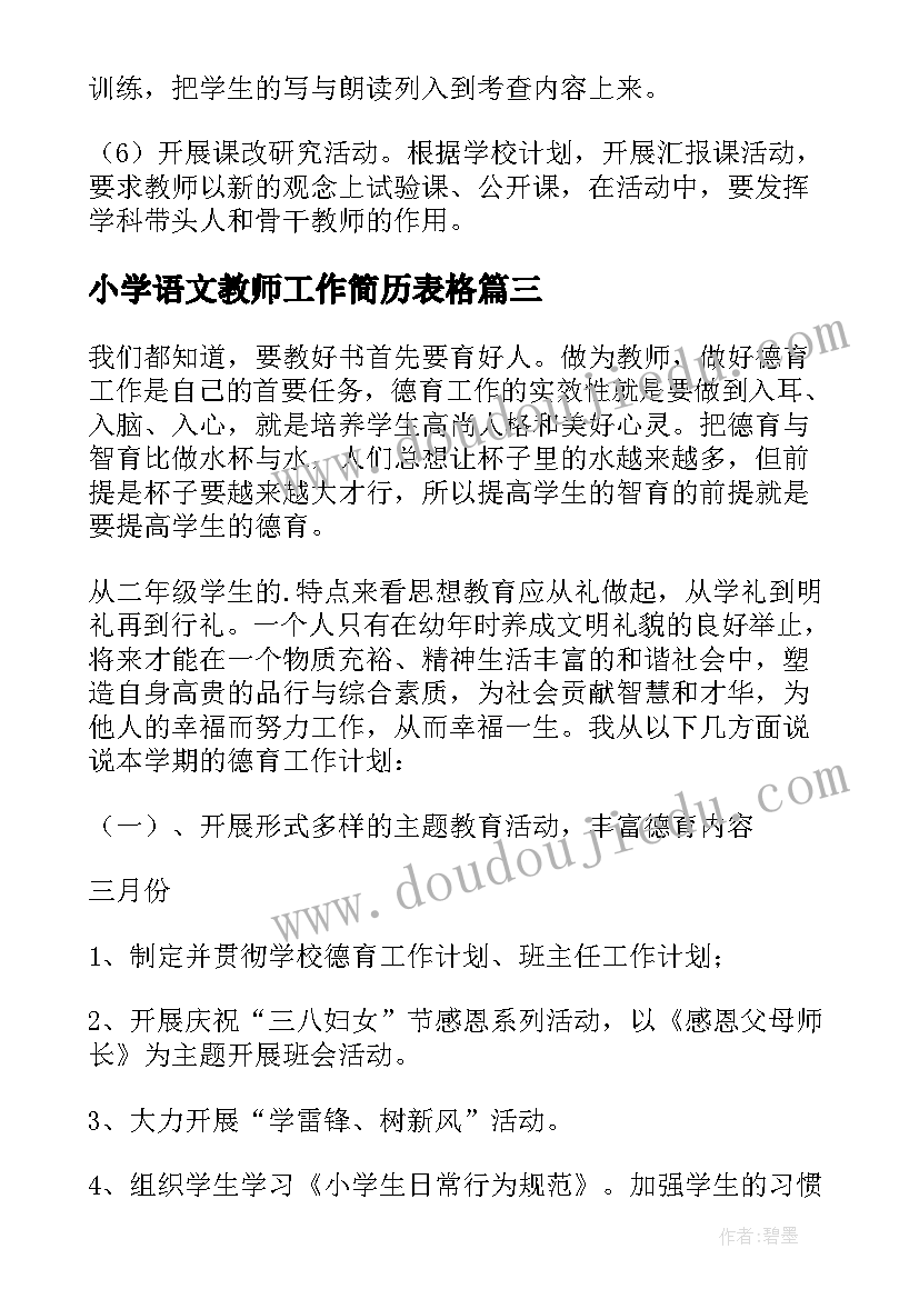 最新小学语文教师工作简历表格(汇总8篇)