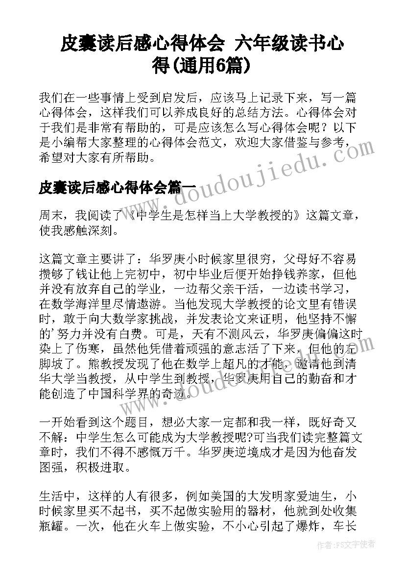 皮囊读后感心得体会 六年级读书心得(通用6篇)