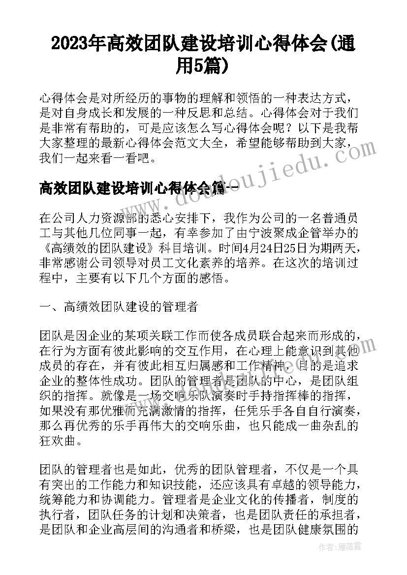 2023年高效团队建设培训心得体会(通用5篇)