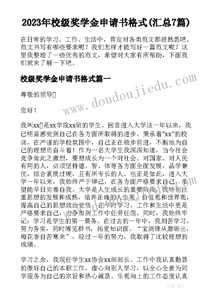 2023年校级奖学金申请书格式(汇总7篇)