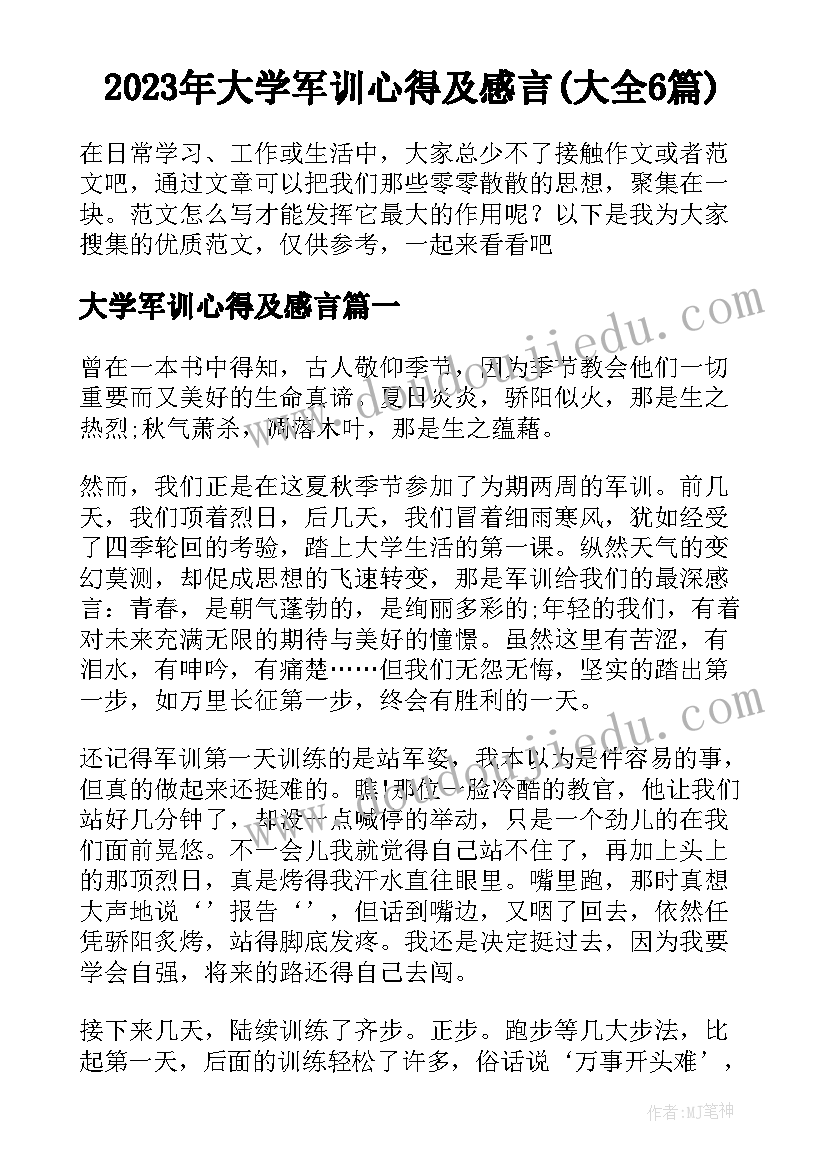 2023年大学军训心得及感言(大全6篇)