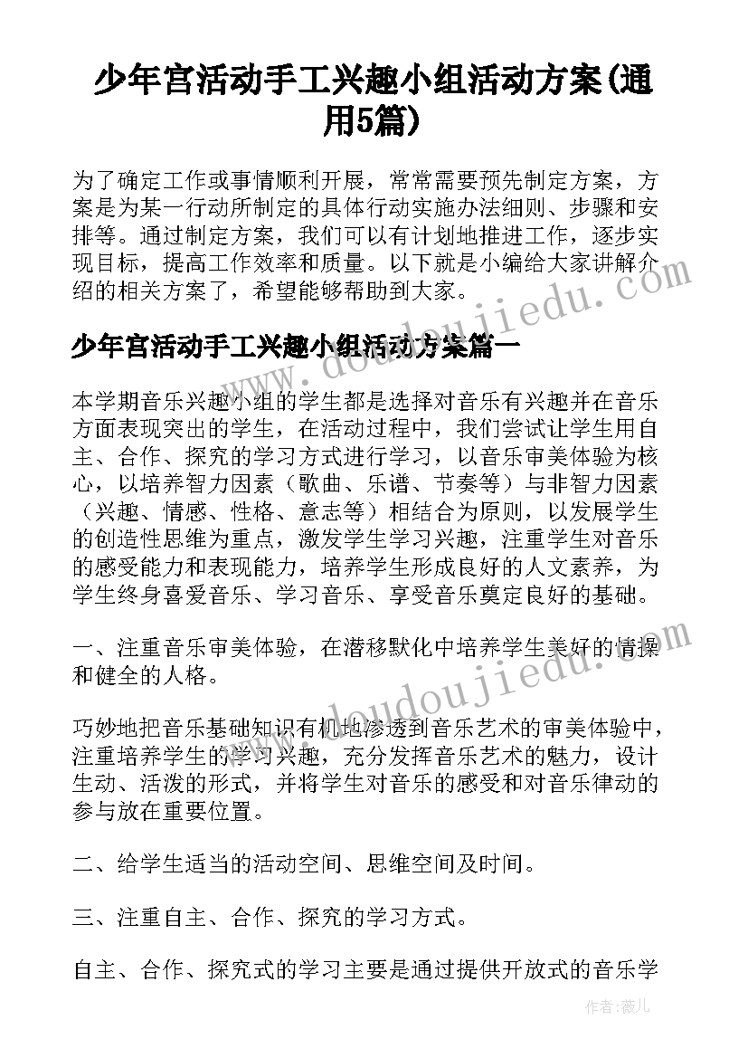 少年宫活动手工兴趣小组活动方案(通用5篇)