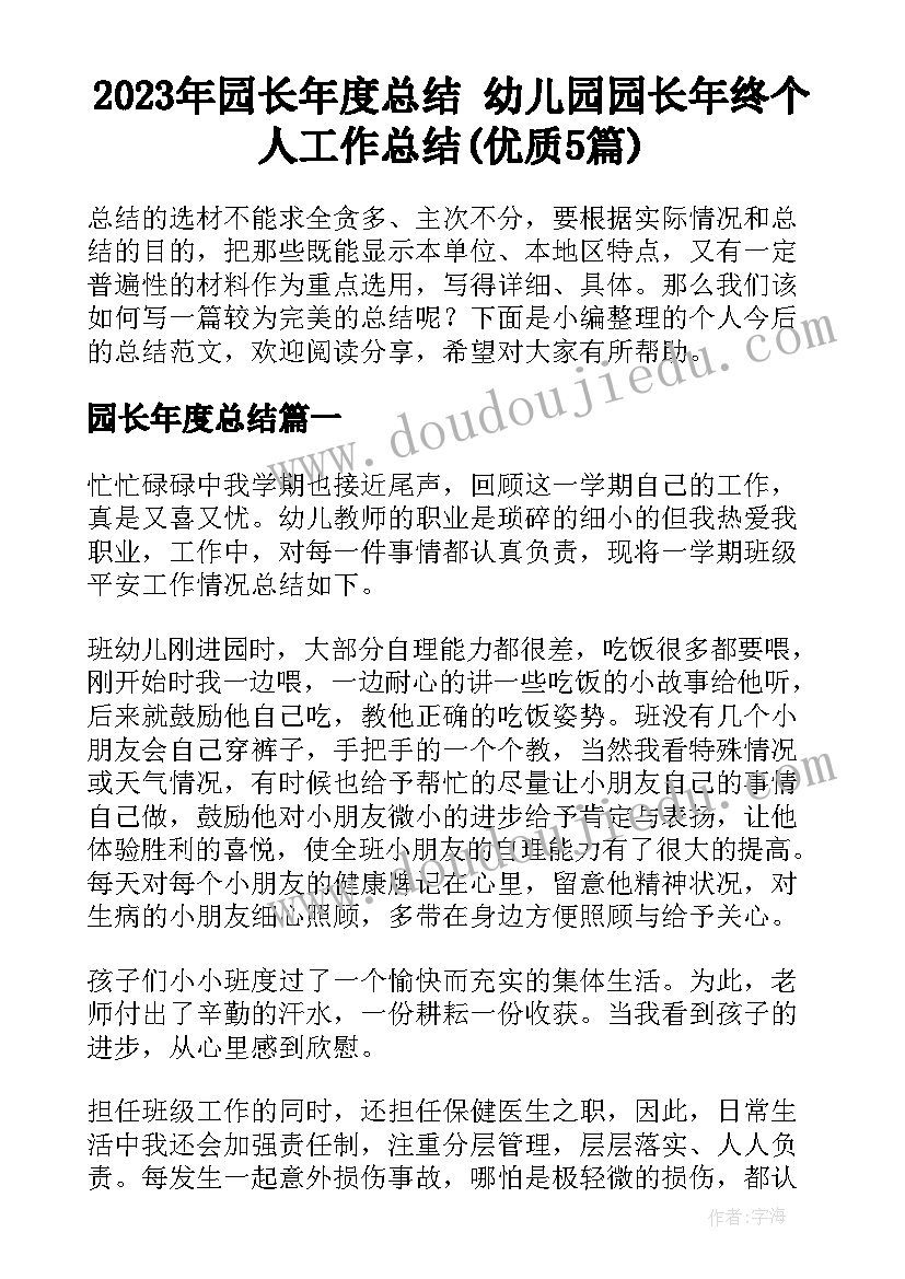 2023年园长年度总结 幼儿园园长年终个人工作总结(优质5篇)