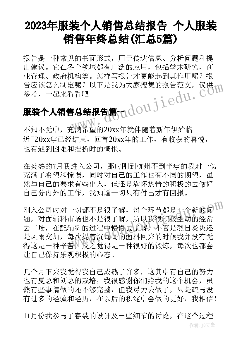 2023年服装个人销售总结报告 个人服装销售年终总结(汇总5篇)