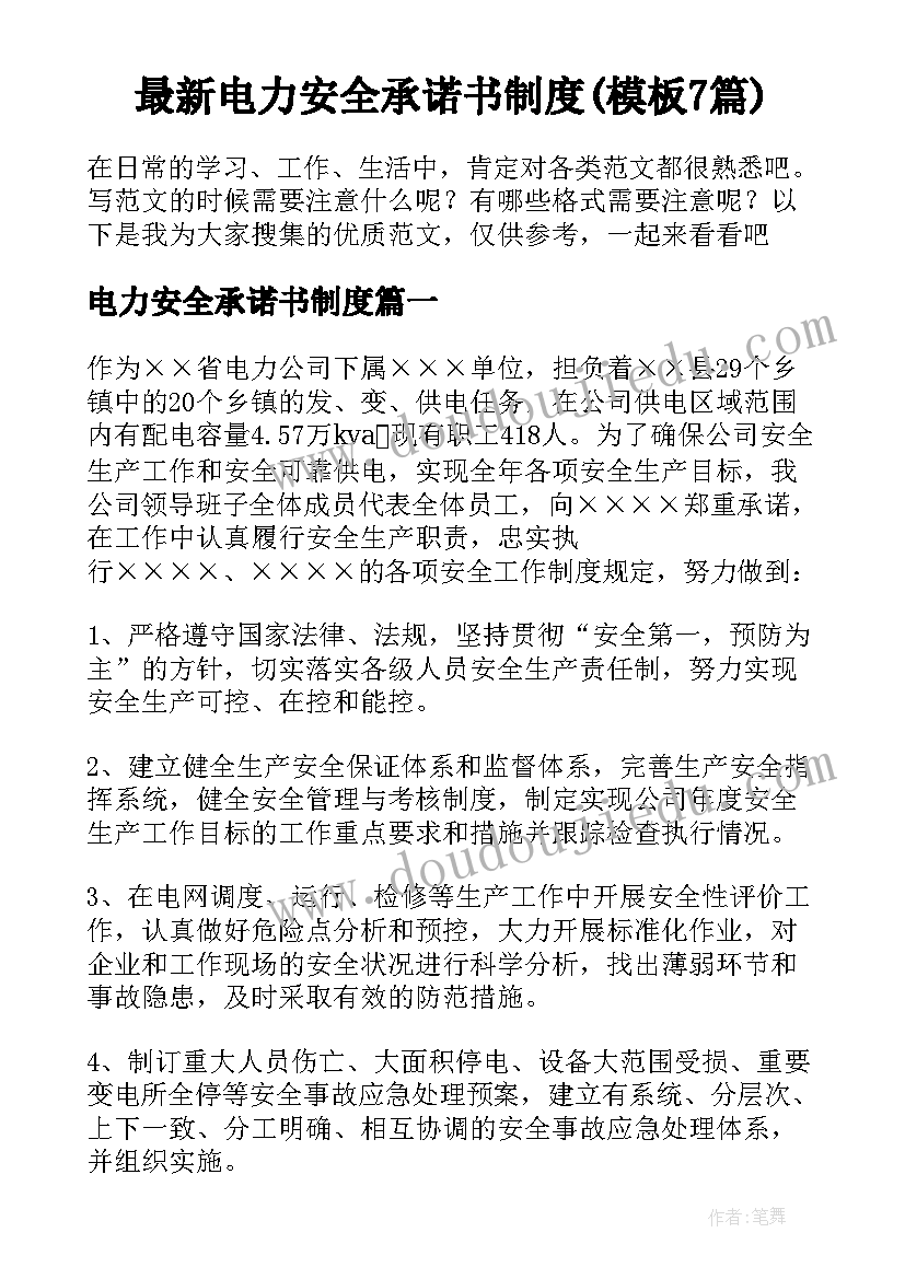 最新电力安全承诺书制度(模板7篇)