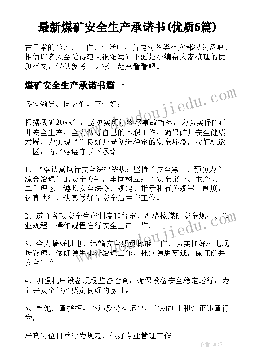 最新煤矿安全生产承诺书(优质5篇)