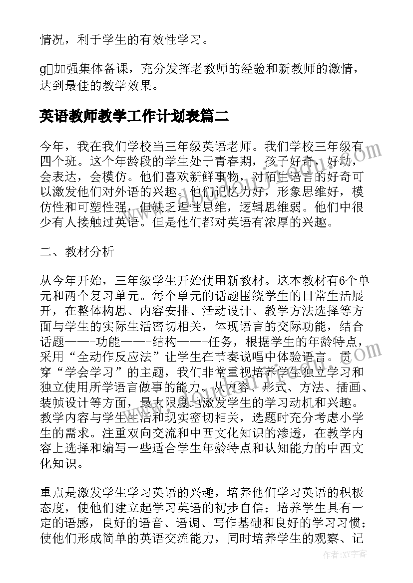 最新英语教师教学工作计划表(大全7篇)