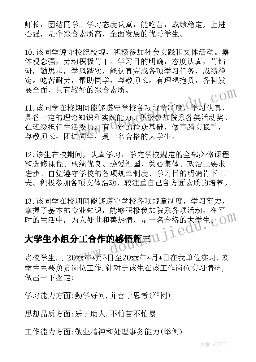 2023年大学生小组分工合作的感悟 毕业大学生实习小组鉴定评语(优质7篇)