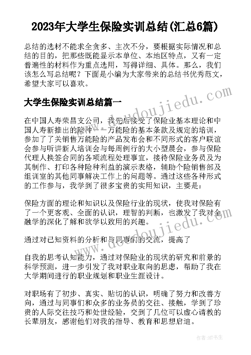 2023年大学生保险实训总结(汇总6篇)