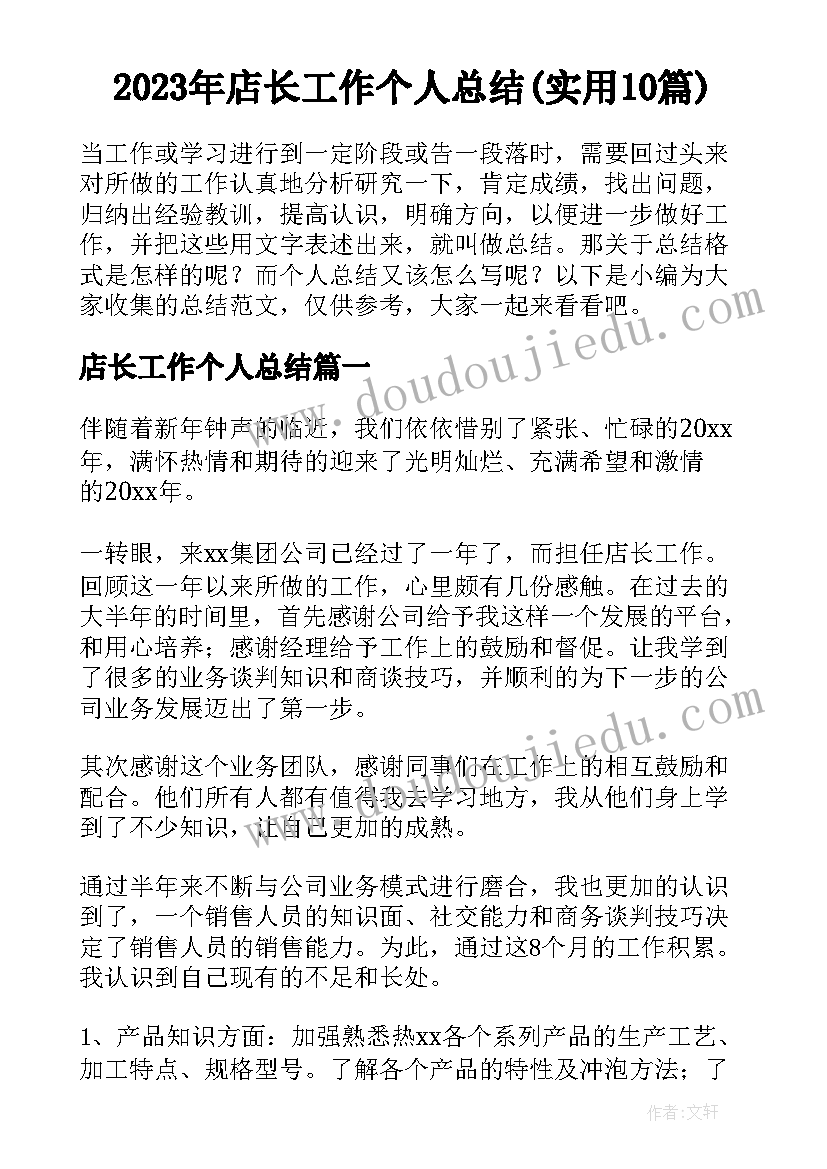 2023年店长工作个人总结(实用10篇)