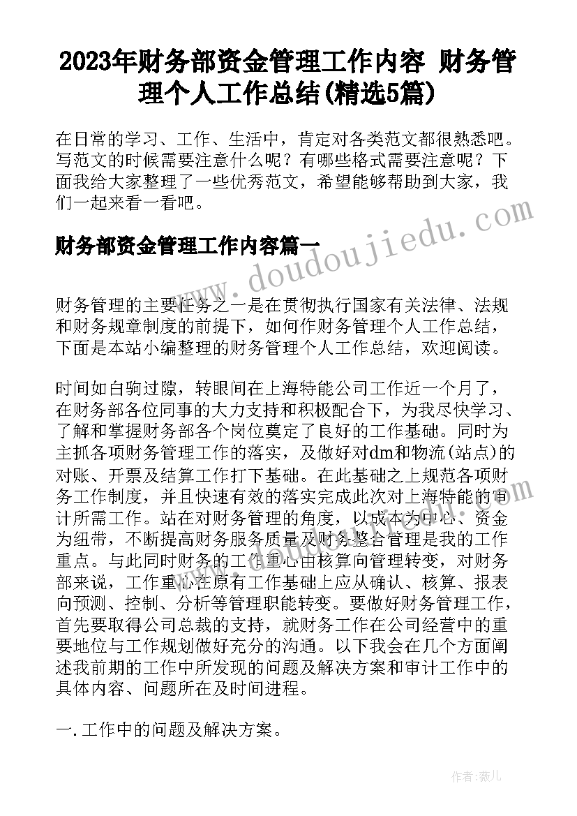 2023年财务部资金管理工作内容 财务管理个人工作总结(精选5篇)