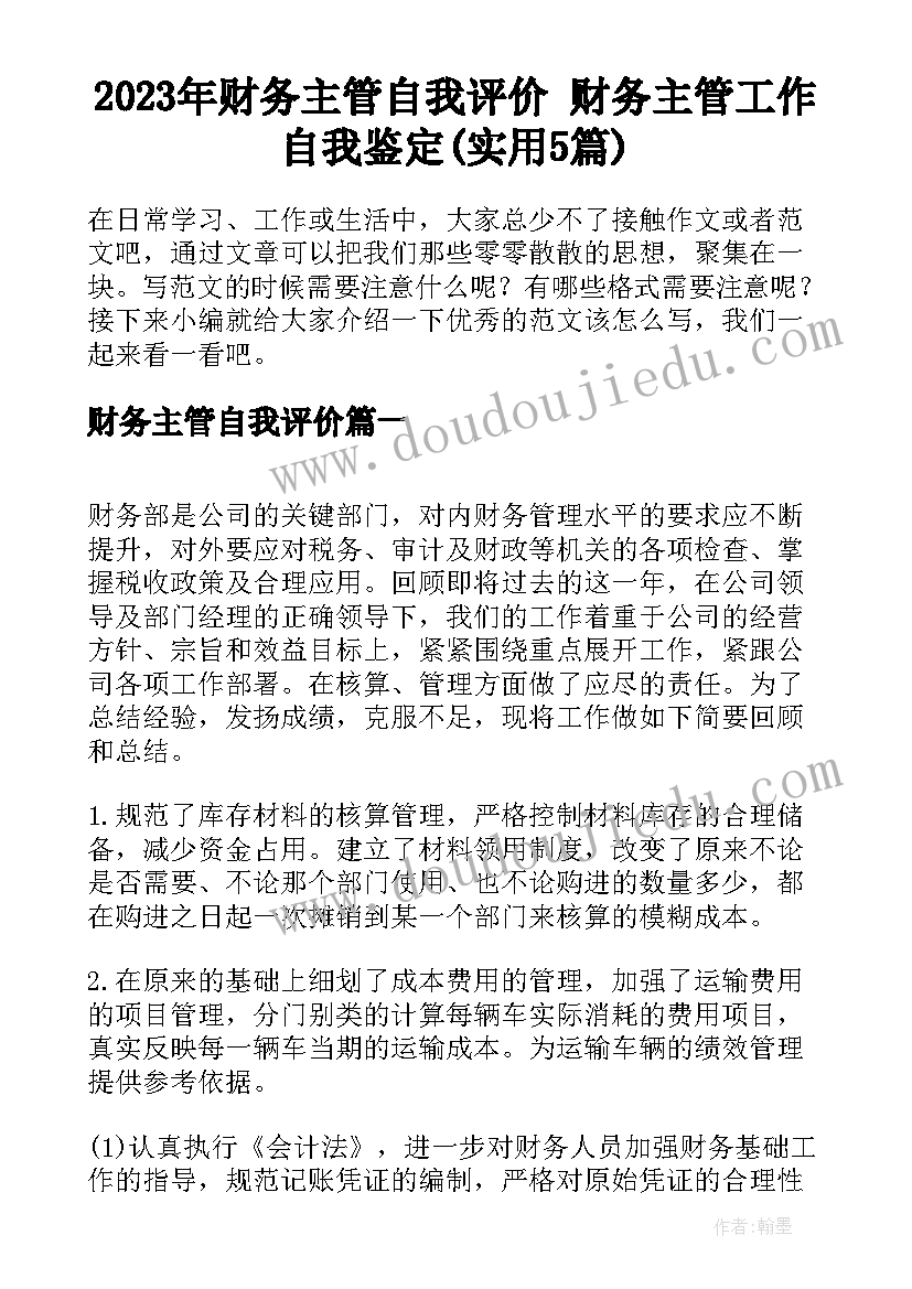 2023年财务主管自我评价 财务主管工作自我鉴定(实用5篇)