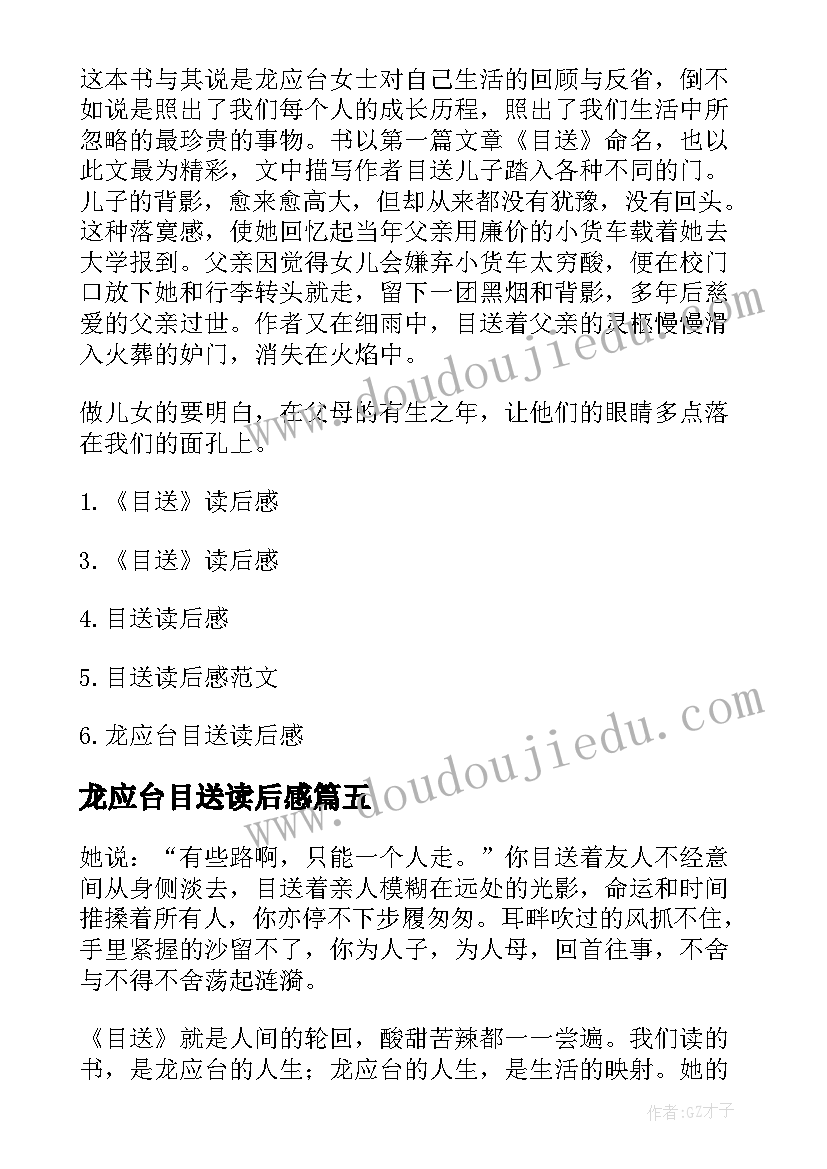 2023年龙应台目送读后感(大全10篇)