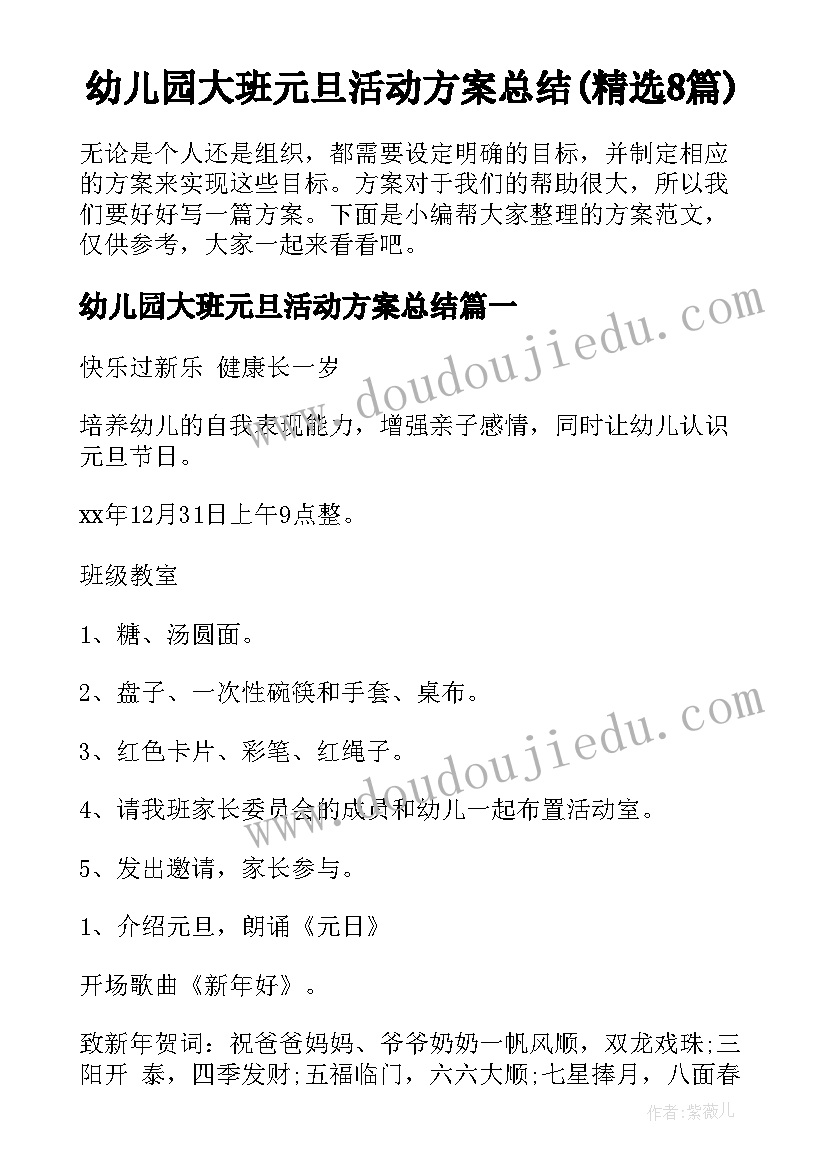 幼儿园大班元旦活动方案总结(精选8篇)