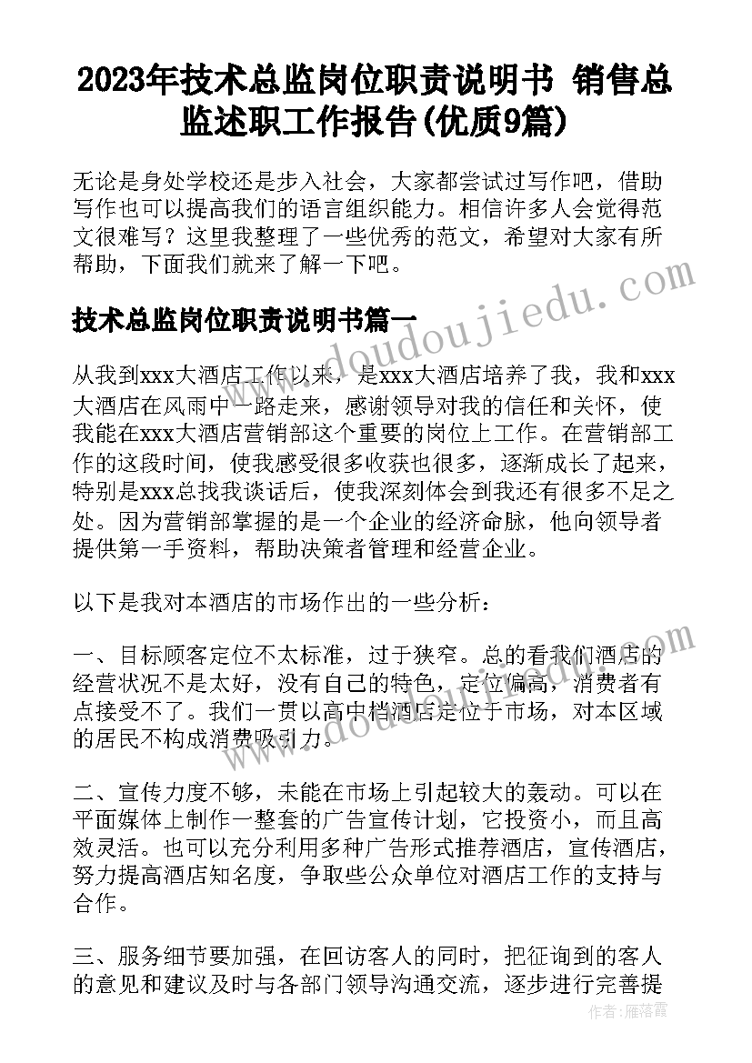 2023年技术总监岗位职责说明书 销售总监述职工作报告(优质9篇)