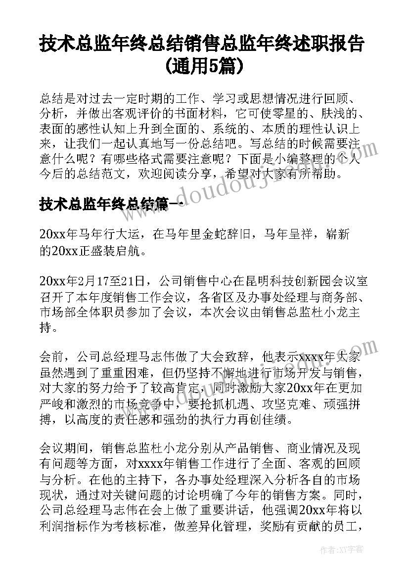 技术总监年终总结 销售总监年终述职报告(通用5篇)