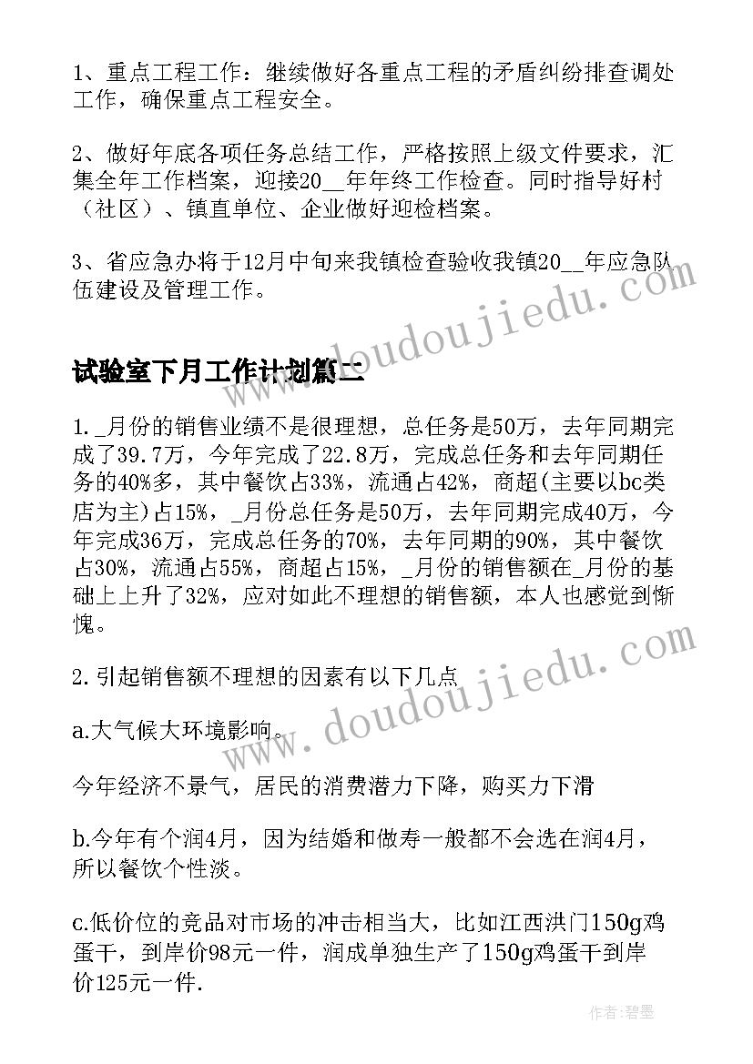 试验室下月工作计划(汇总7篇)