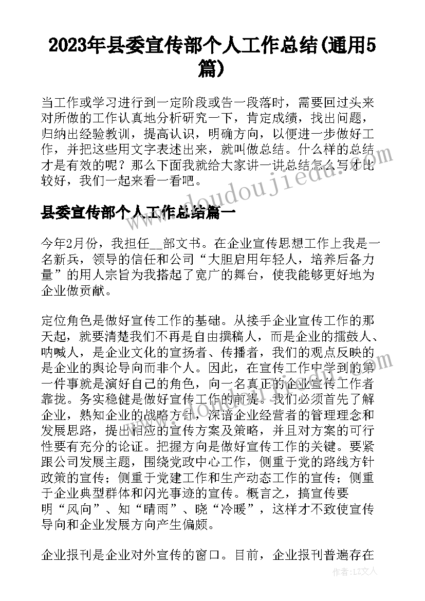 2023年县委宣传部个人工作总结(通用5篇)