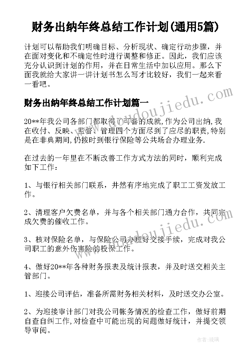 财务出纳年终总结工作计划(通用5篇)