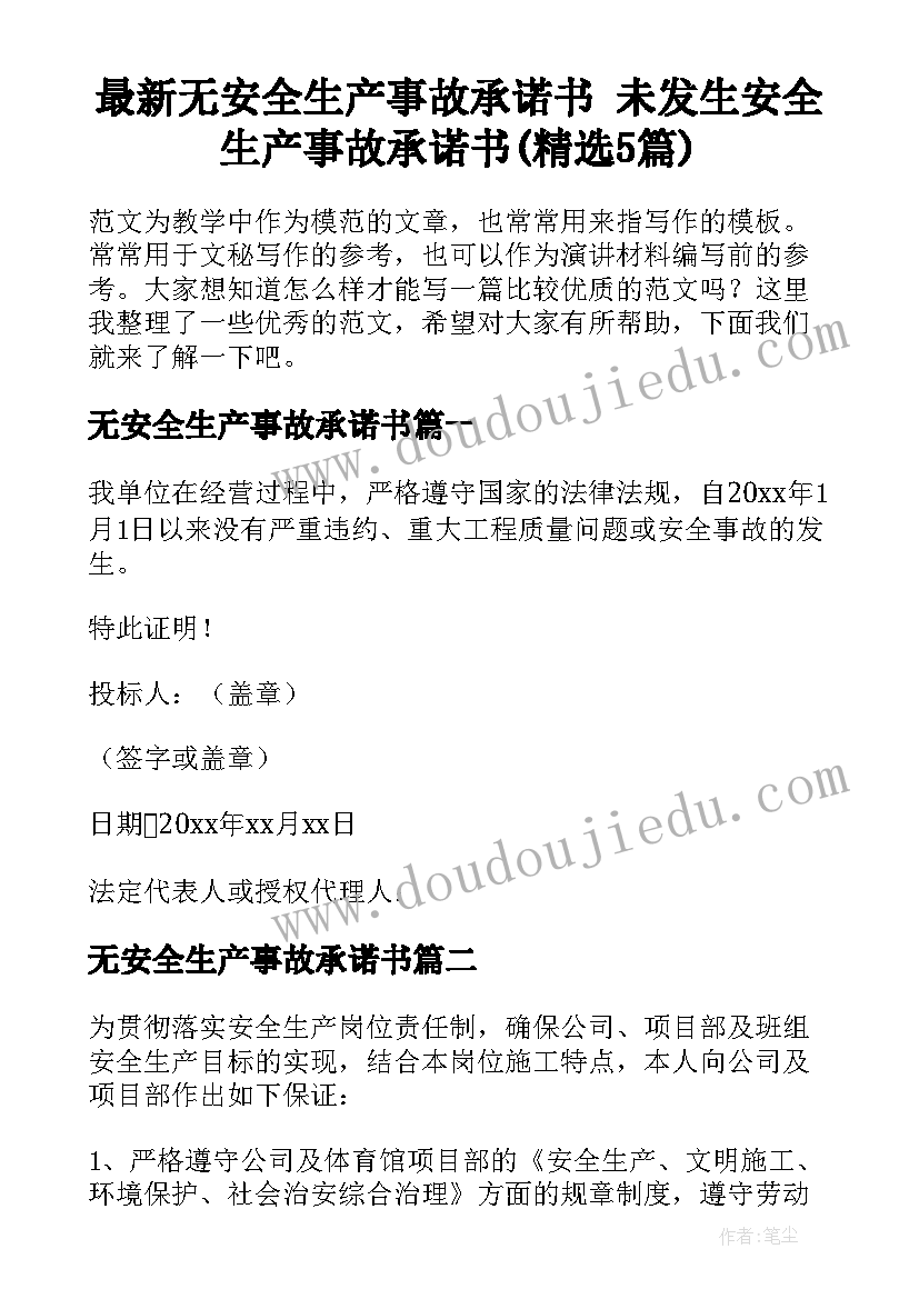 最新无安全生产事故承诺书 未发生安全生产事故承诺书(精选5篇)