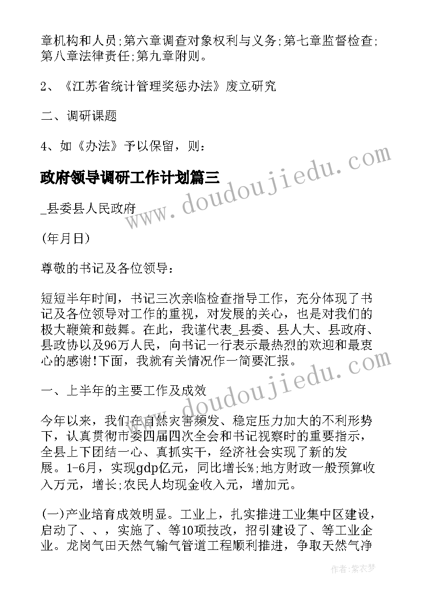 最新政府领导调研工作计划(模板5篇)