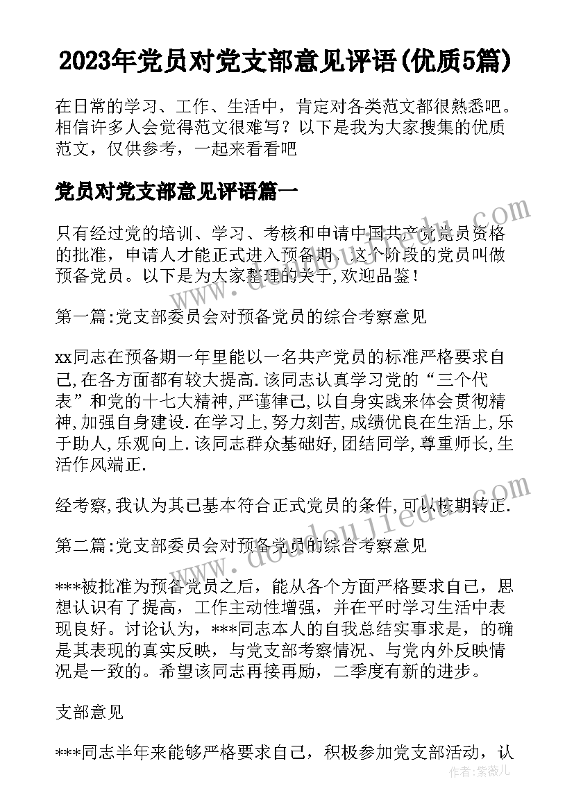 2023年党员对党支部意见评语(优质5篇)