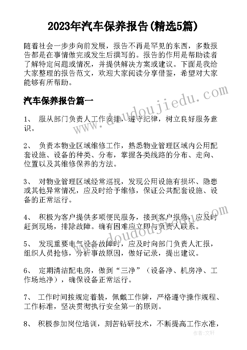 2023年汽车保养报告(精选5篇)