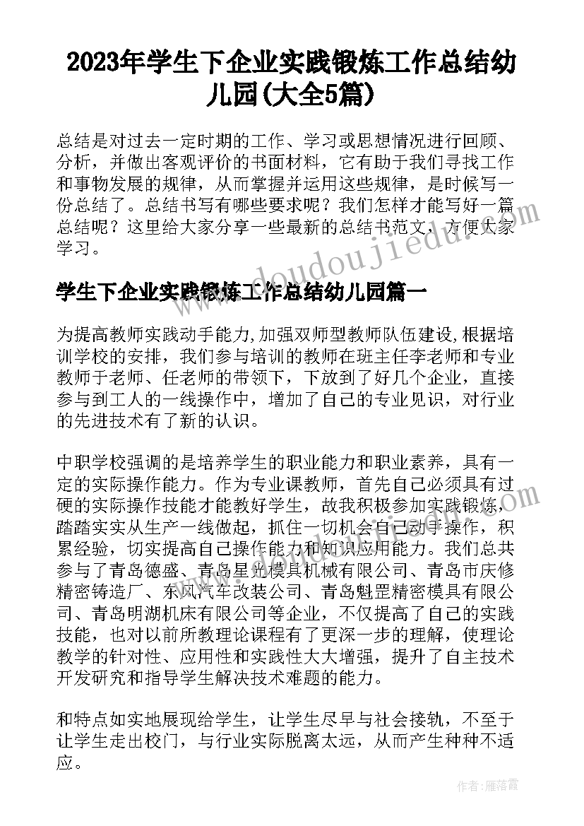 2023年学生下企业实践锻炼工作总结幼儿园(大全5篇)