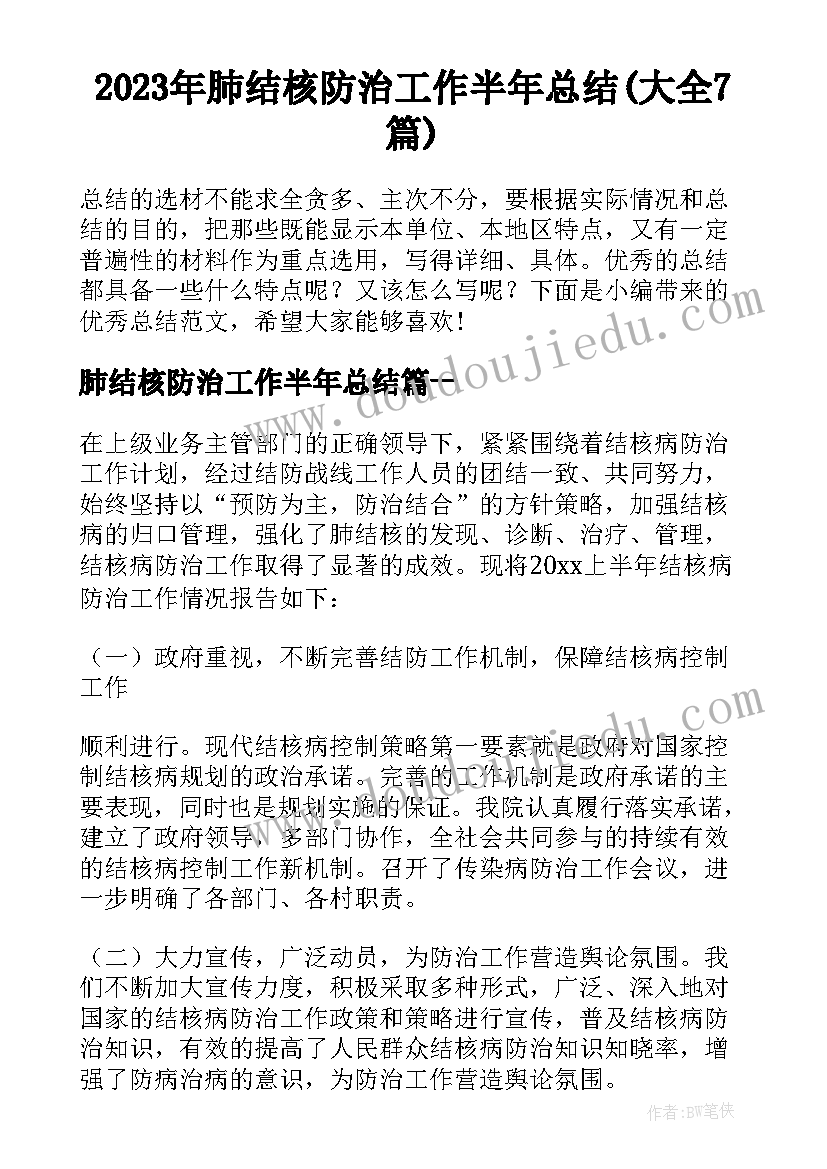 2023年肺结核防治工作半年总结(大全7篇)