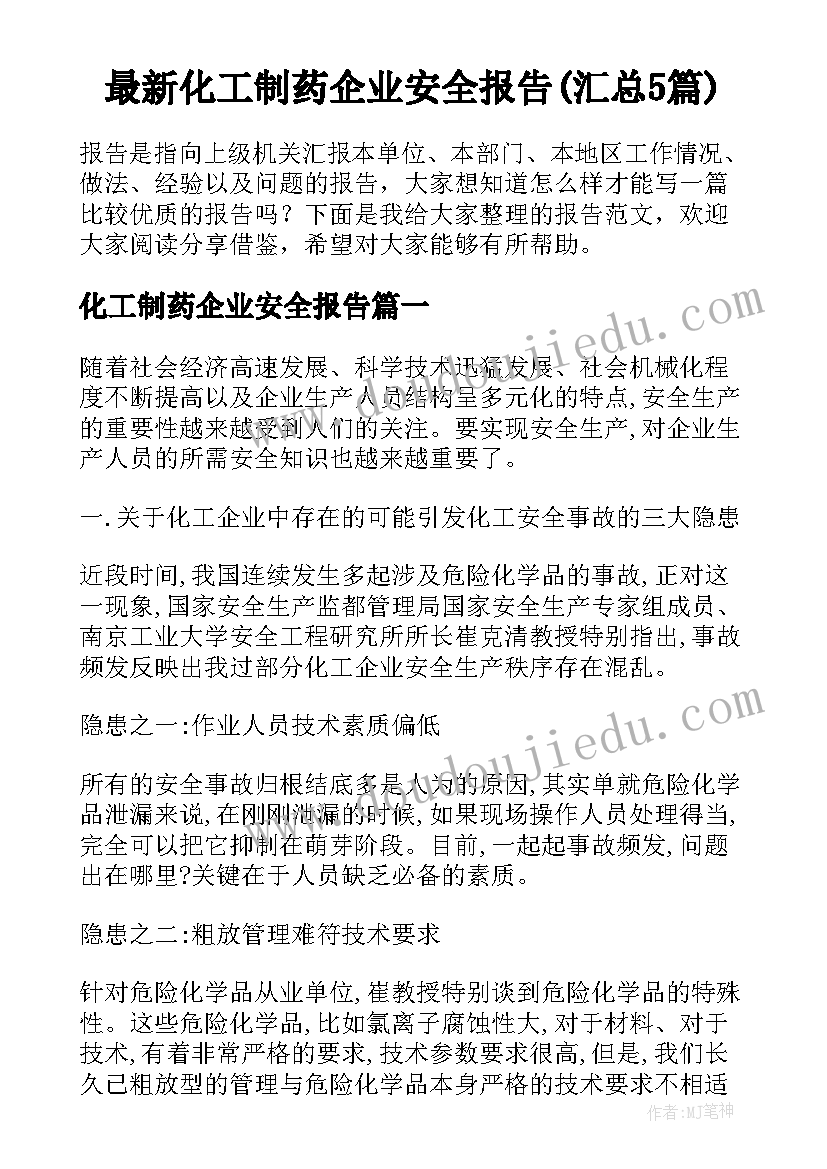 最新化工制药企业安全报告(汇总5篇)