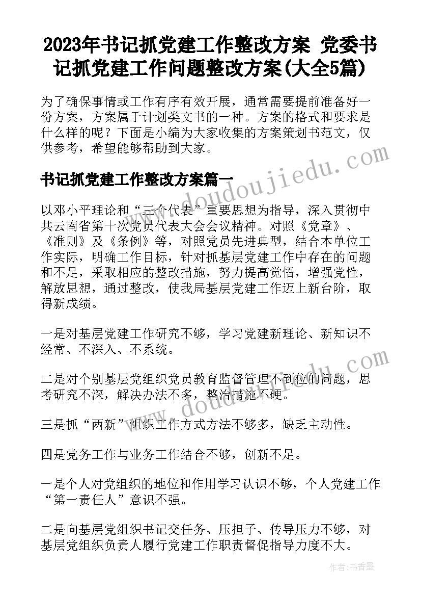 2023年书记抓党建工作整改方案 党委书记抓党建工作问题整改方案(大全5篇)