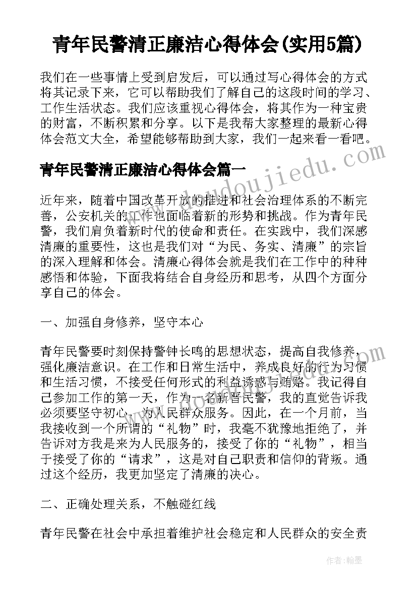 青年民警清正廉洁心得体会(实用5篇)