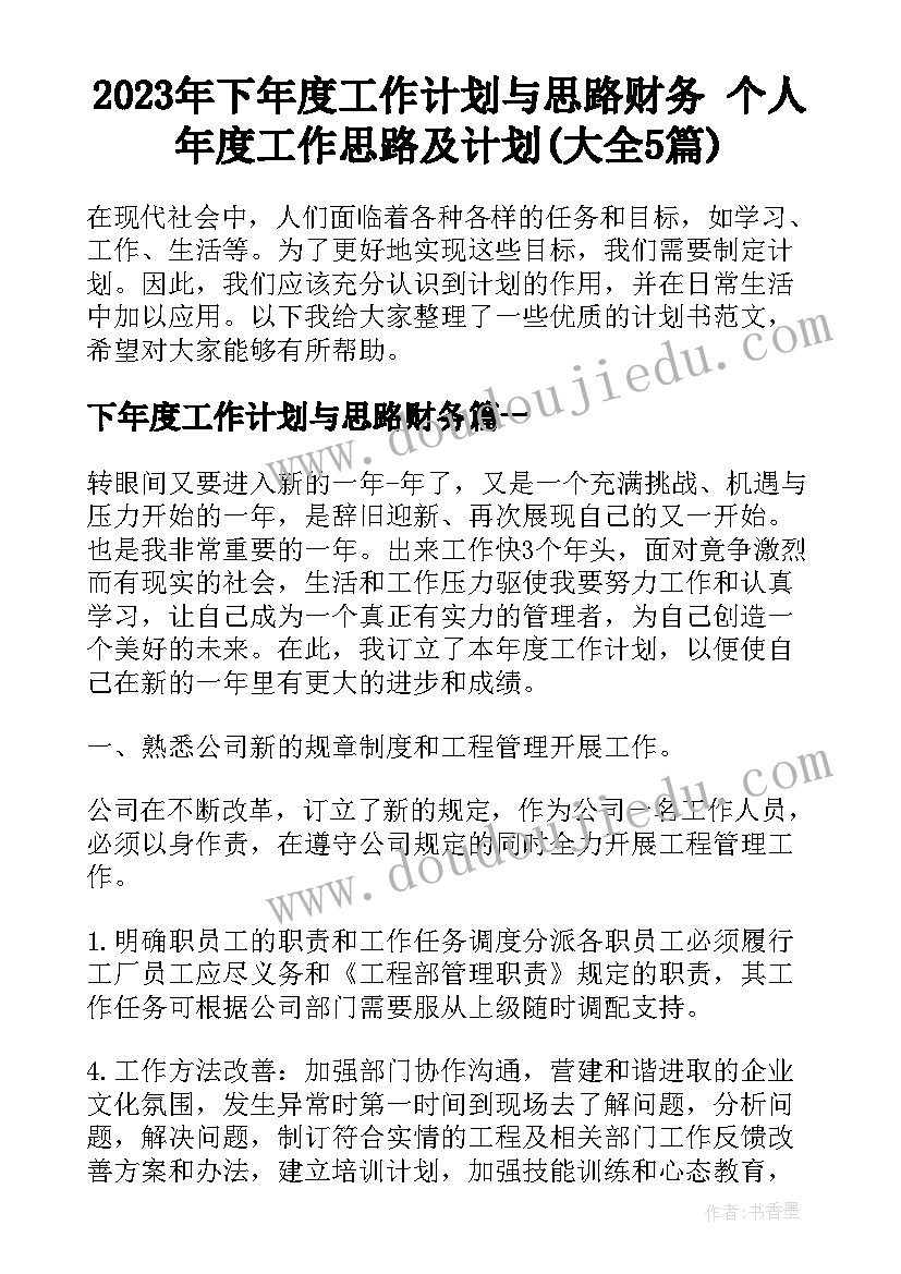 2023年下年度工作计划与思路财务 个人年度工作思路及计划(大全5篇)