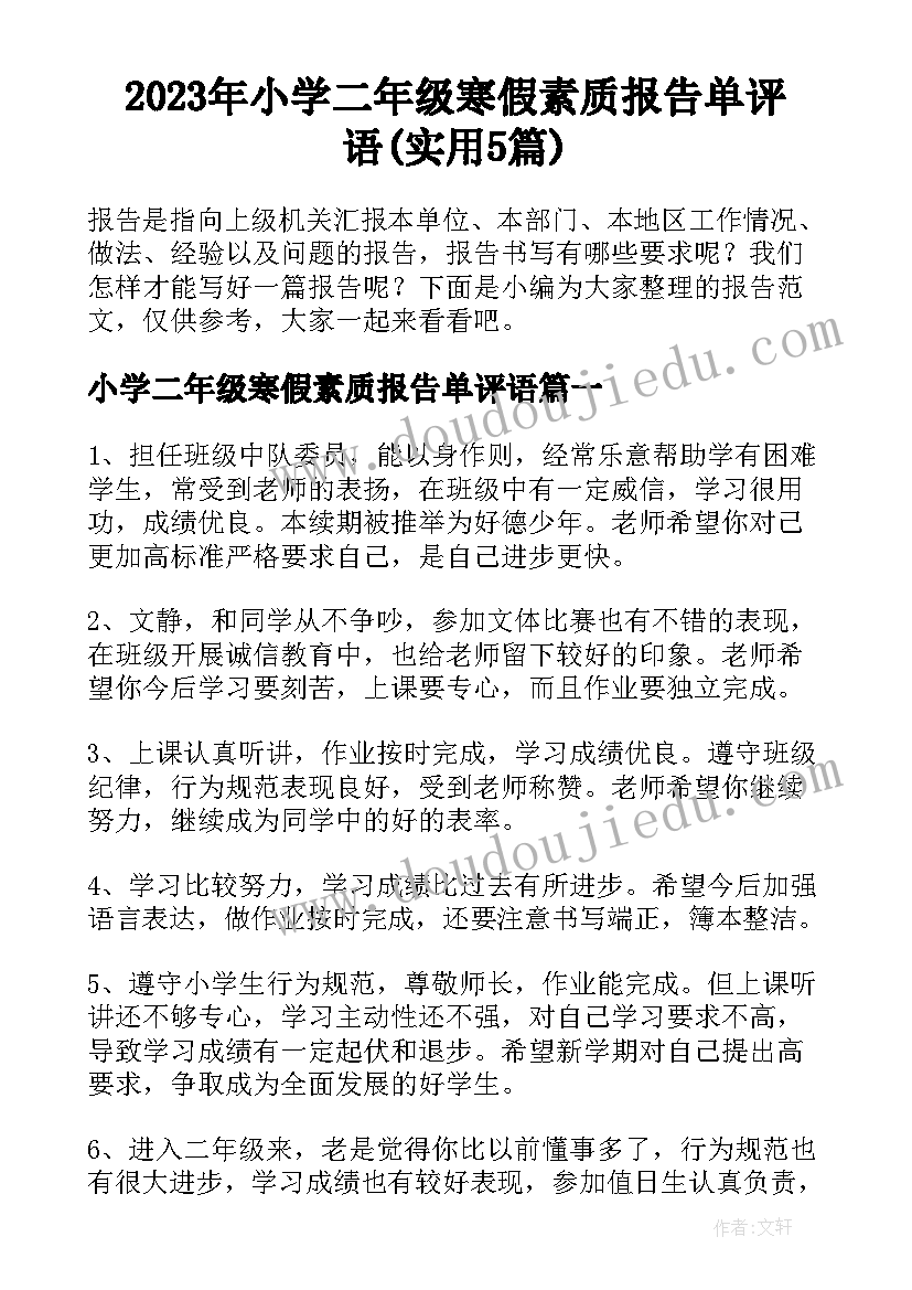 2023年小学二年级寒假素质报告单评语(实用5篇)