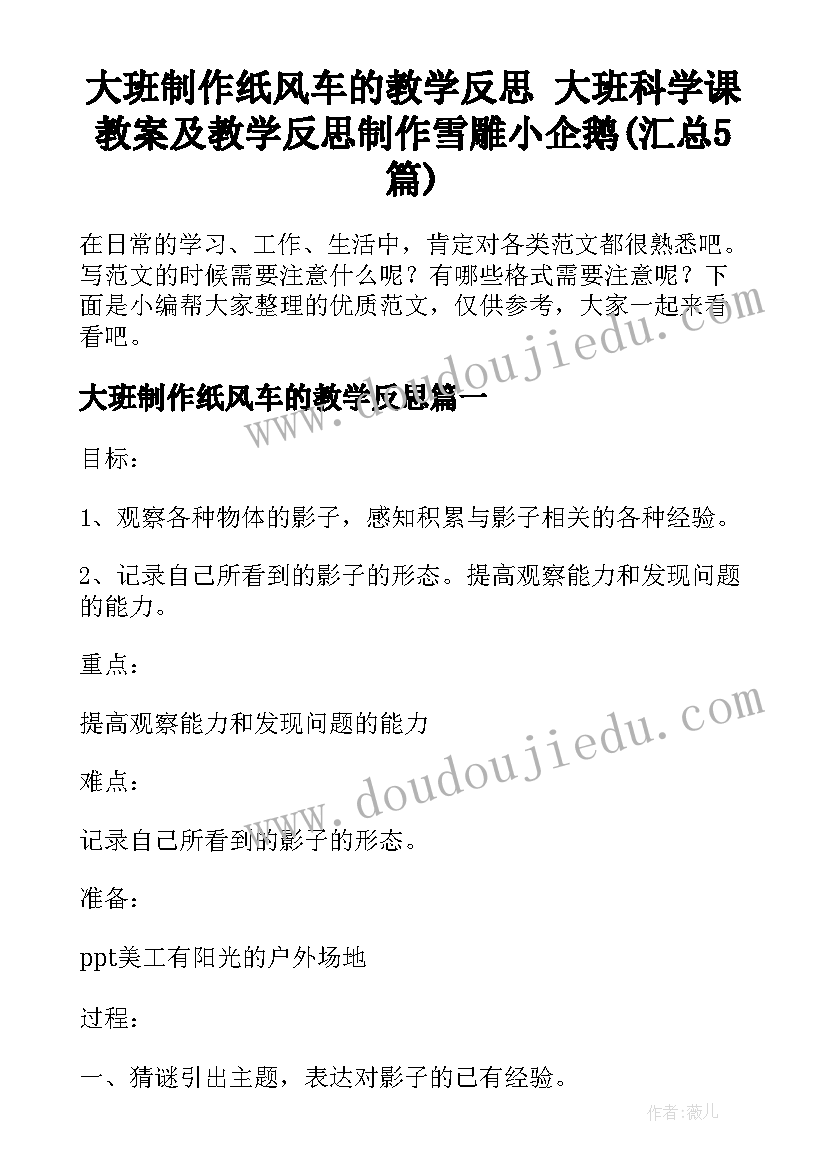 大班制作纸风车的教学反思 大班科学课教案及教学反思制作雪雕小企鹅(汇总5篇)