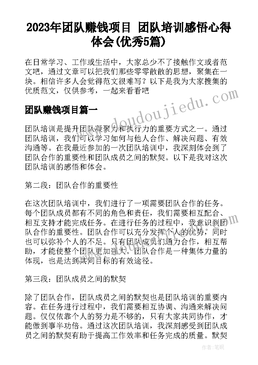 2023年团队赚钱项目 团队培训感悟心得体会(优秀5篇)