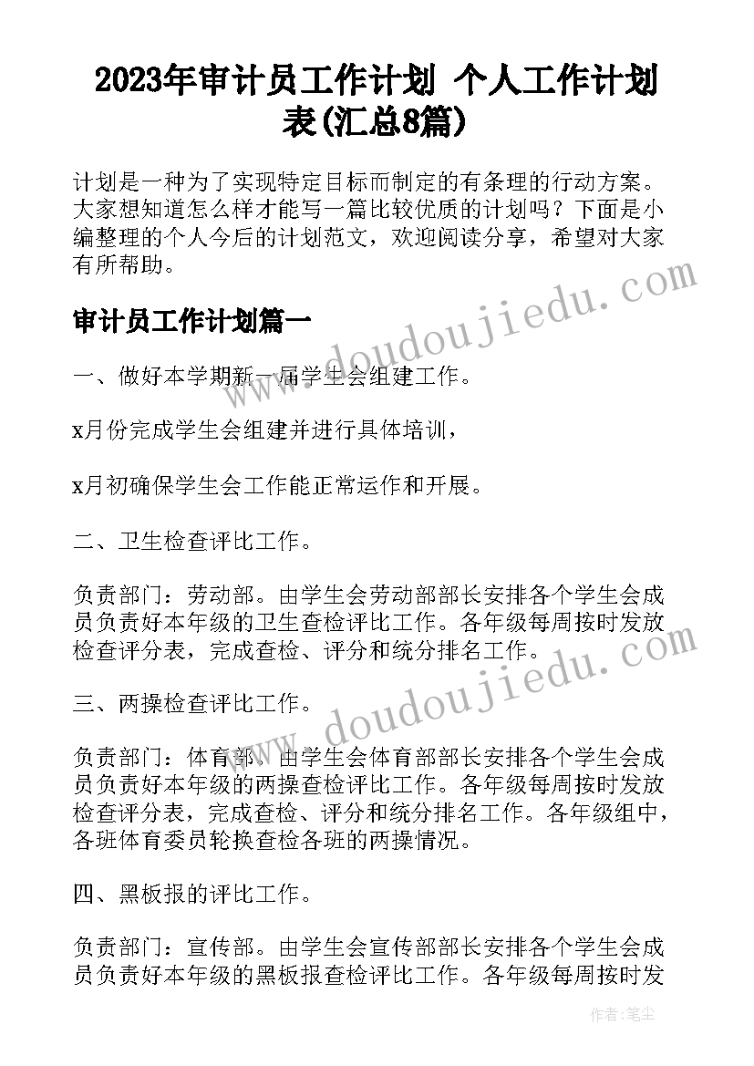 2023年审计员工作计划 个人工作计划表(汇总8篇)