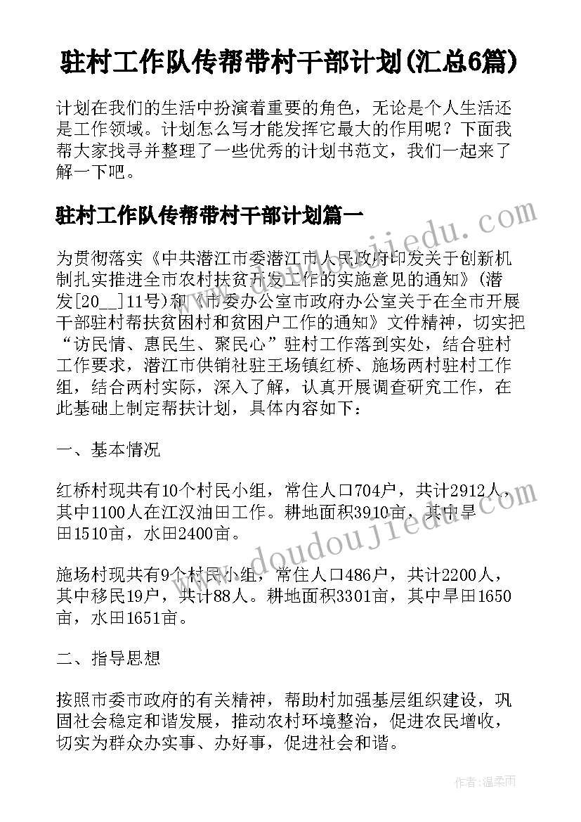 驻村工作队传帮带村干部计划(汇总6篇)