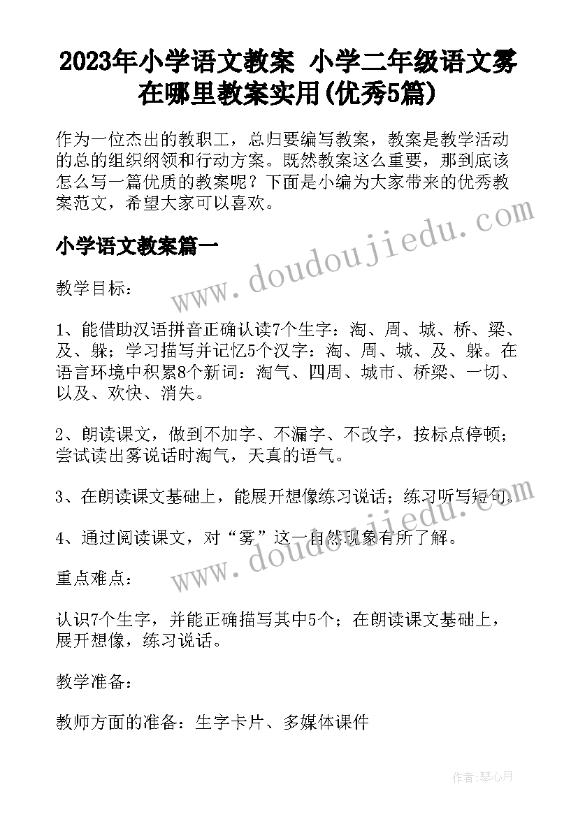 2023年小学语文教案 小学二年级语文雾在哪里教案实用(优秀5篇)