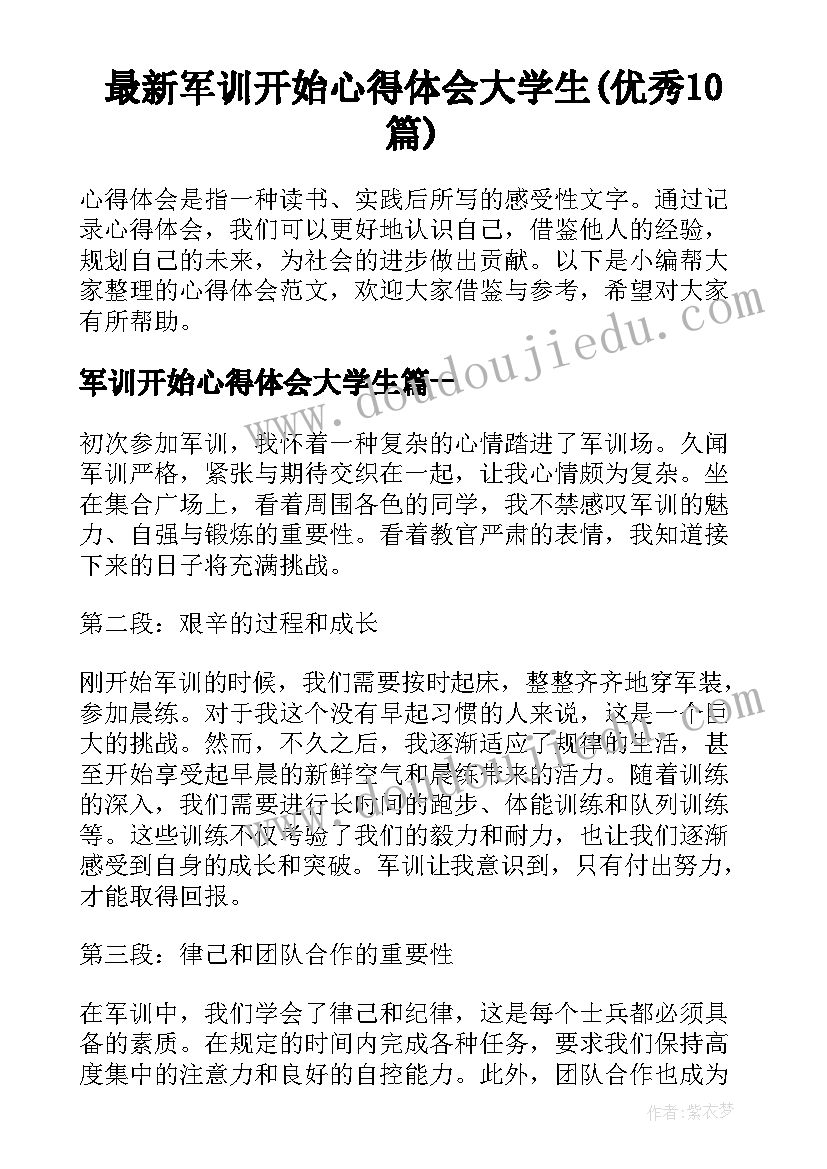 最新军训开始心得体会大学生(优秀10篇)