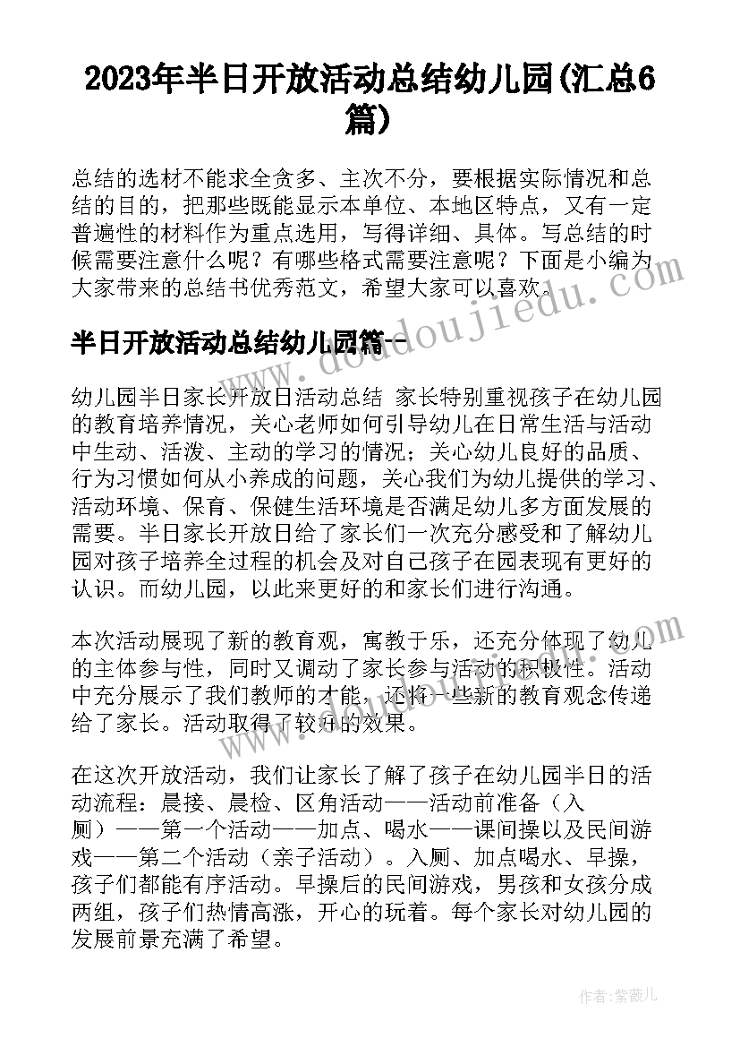 2023年半日开放活动总结幼儿园(汇总6篇)