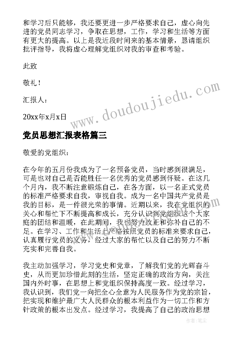 2023年党员思想汇报表格 党员思想汇报(大全7篇)