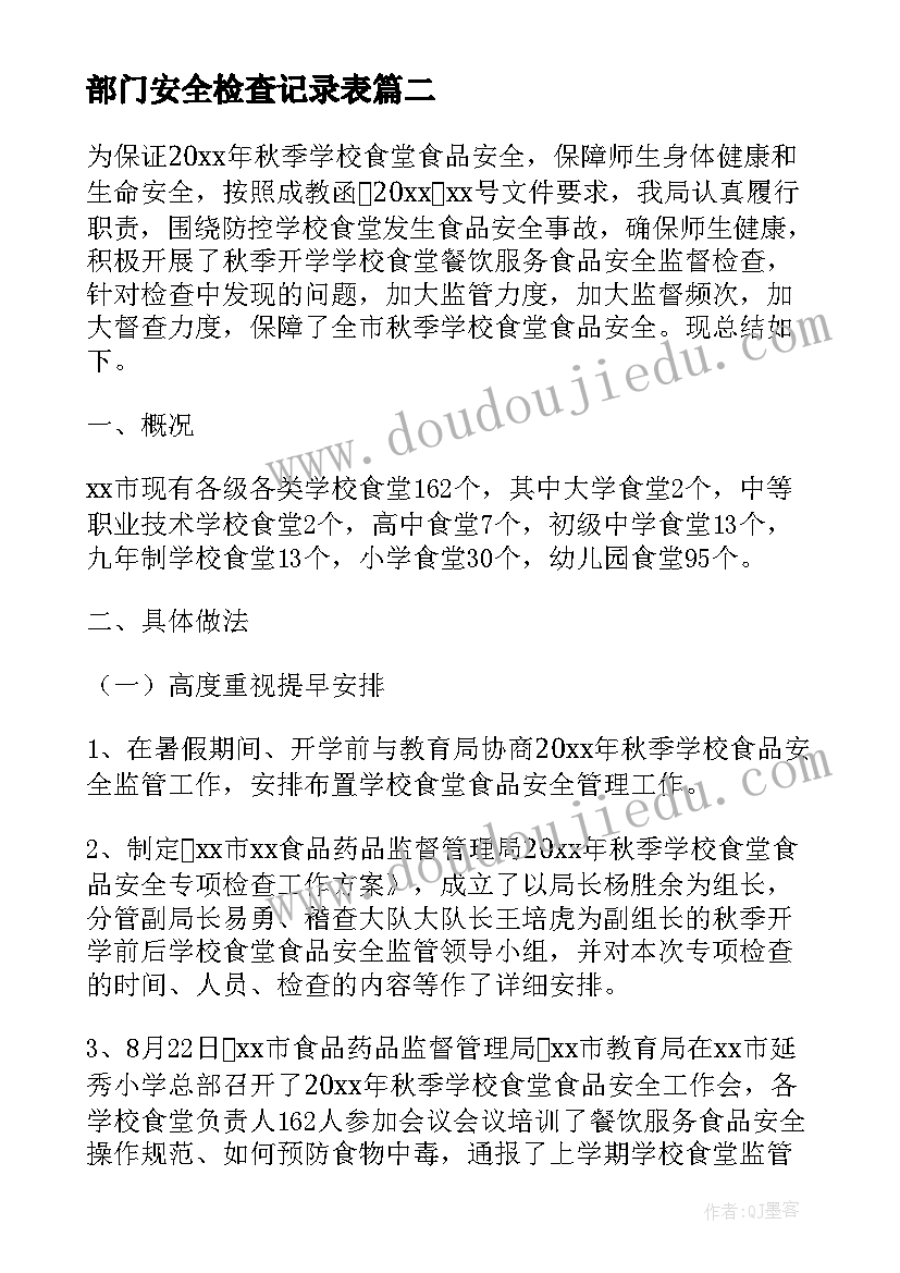 最新部门安全检查记录表 食堂安全检查整改报告(通用8篇)