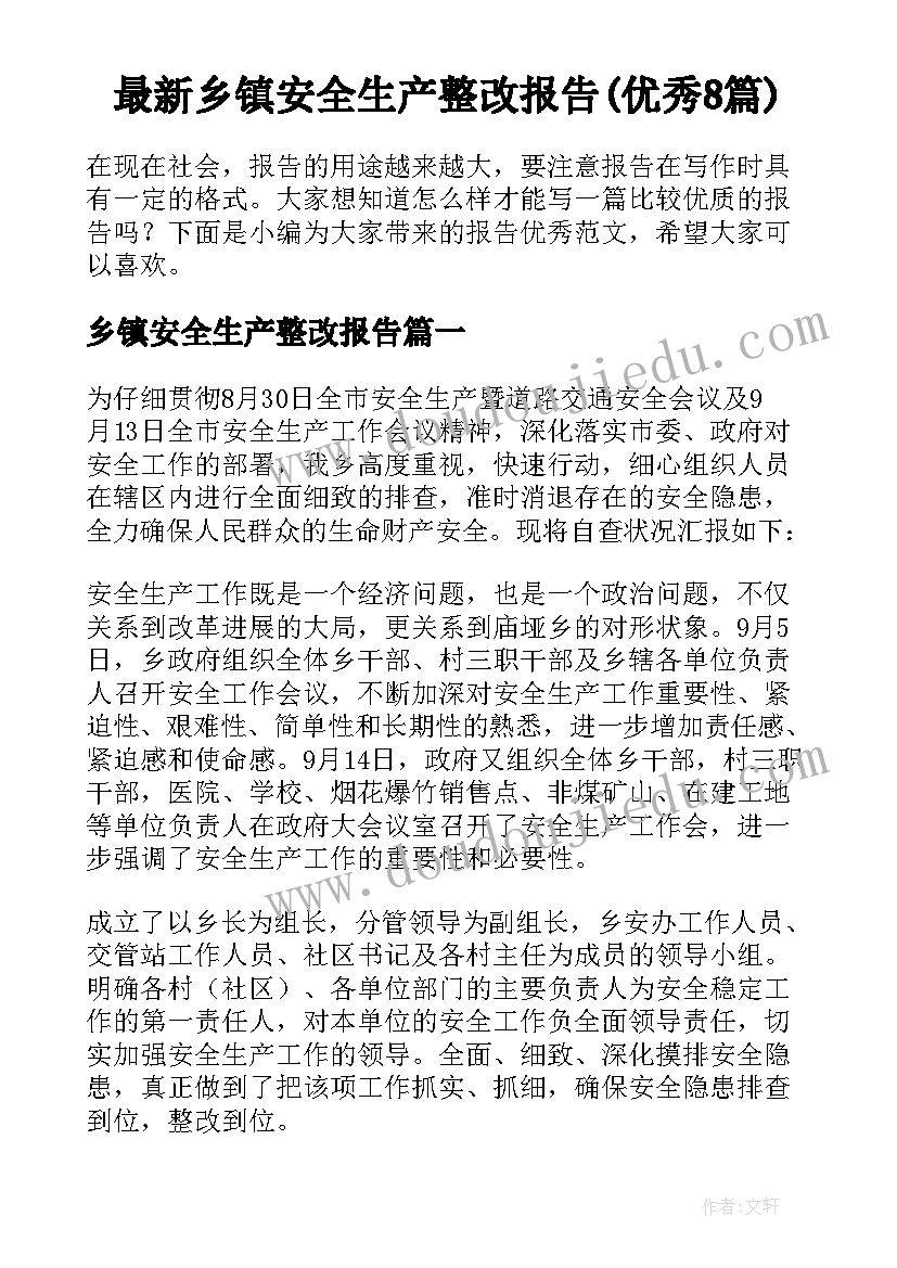 最新乡镇安全生产整改报告(优秀8篇)