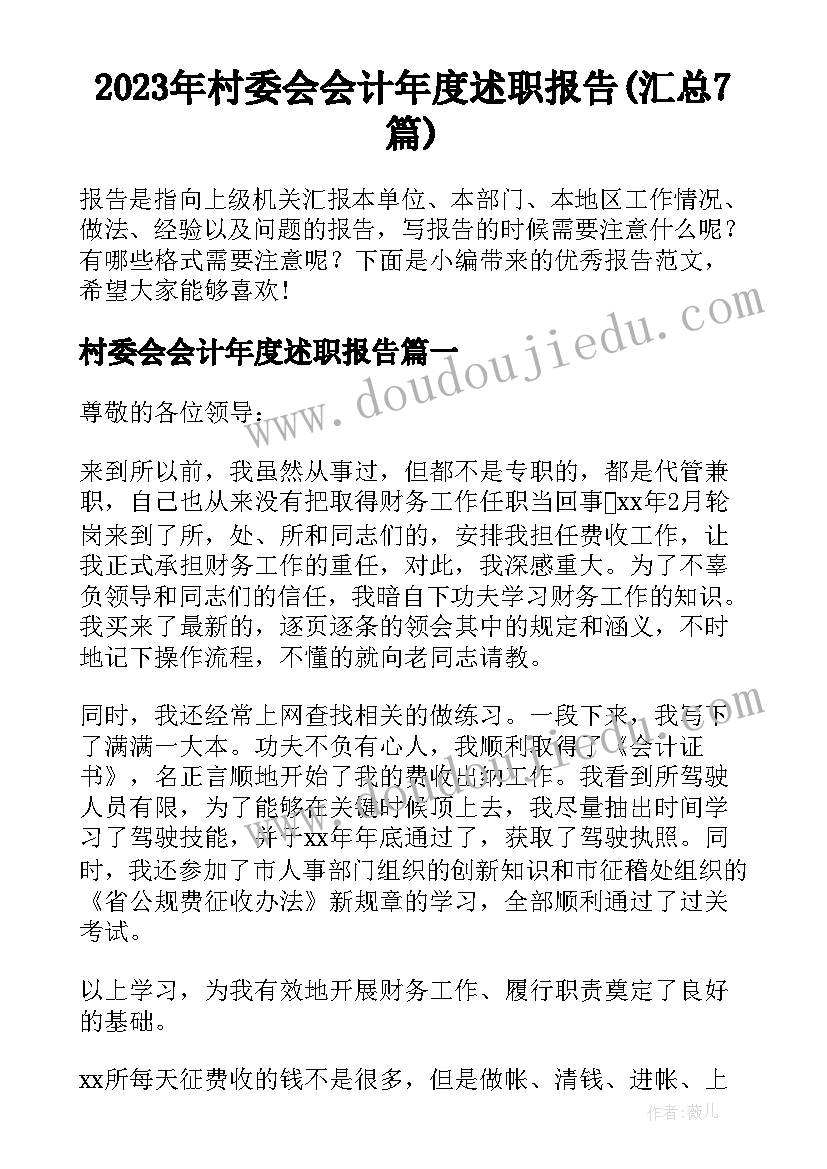 2023年村委会会计年度述职报告(汇总7篇)