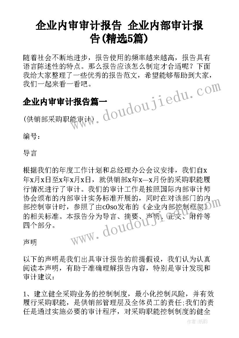 企业内审审计报告 企业内部审计报告(精选5篇)